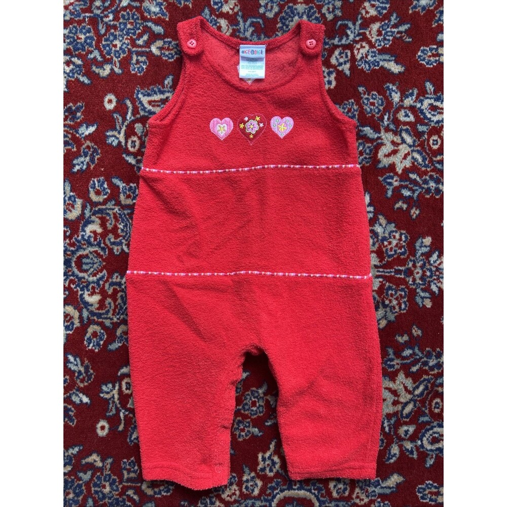 VINTAGE OKIE DOKIE Toddler Girls Heart Overall Terry Cloth Size 12 Months
